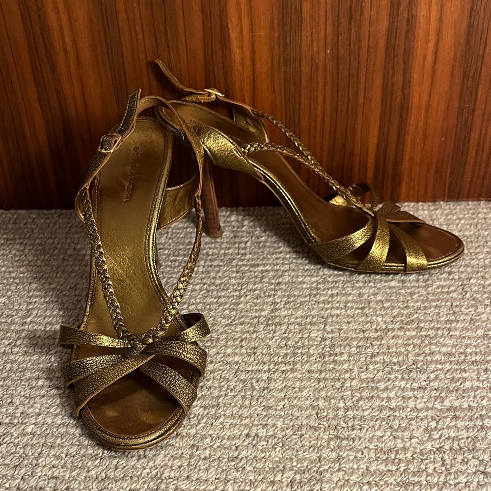 BCBGMaxAzria Y2K Antique Gold Braided Strap Heels